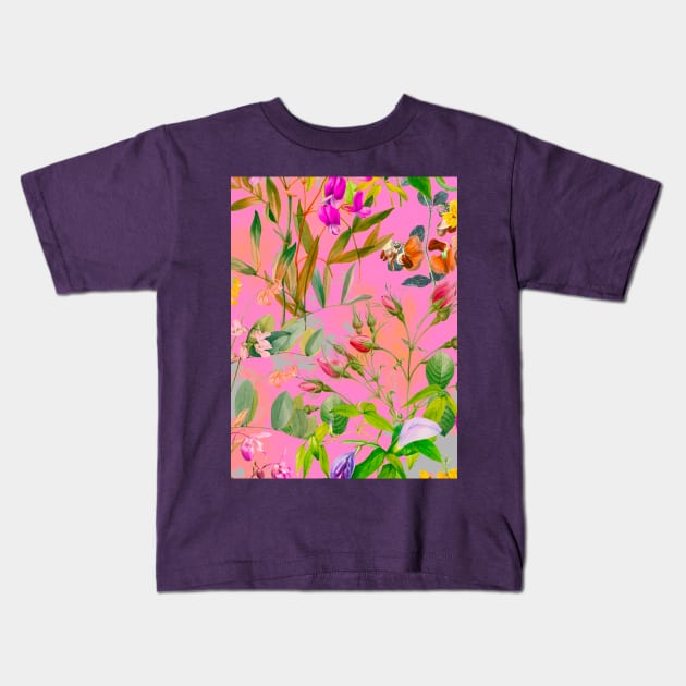 Cool tropical floral leaves botanical illustration, tropical plants, leaves and flowers, pink leaves pattern Kids T-Shirt by Zeinab taha